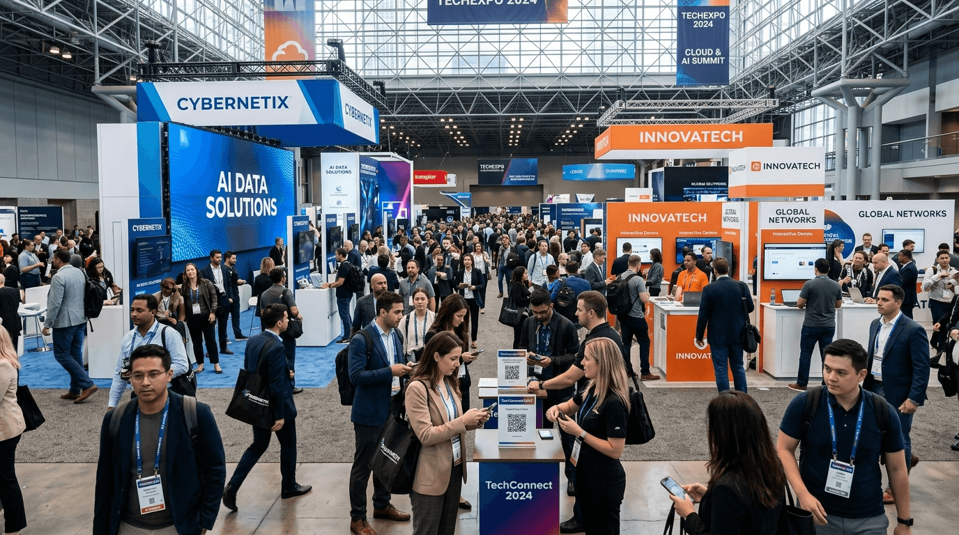 Busy expo hall with attendees at exhibition booths
